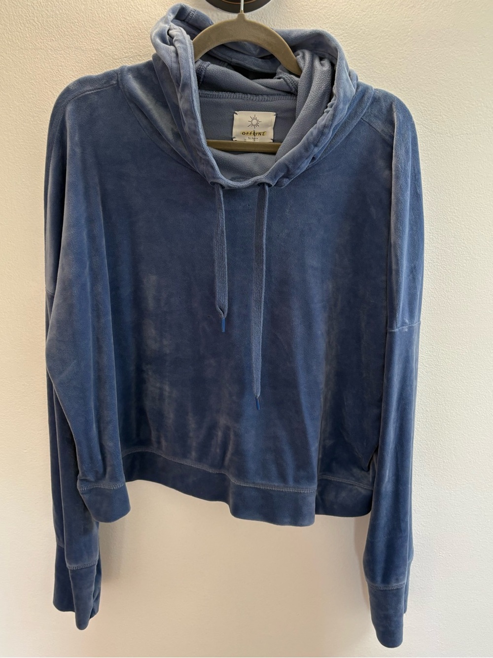 Aerie Blue Velour Cropped Hoodie Sweatshirt XL